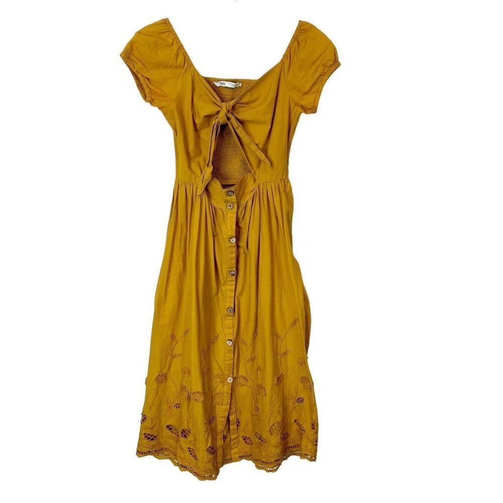 Zara Midi Dress Women’s Size Small Mustard Yellow Smocked Embroidered‎